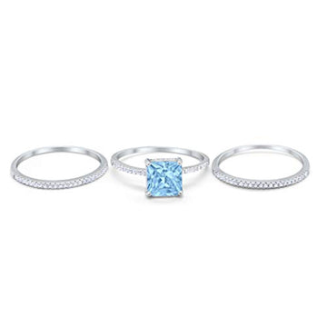 Princess Cut Wedding 3 Piece Ring Simulated Aquamarine CZ 925 Sterling Silver